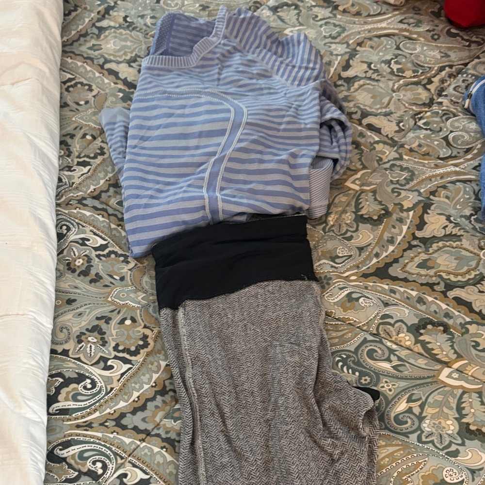 Striped Blue and Gray Sweater with Black and Gray Pants